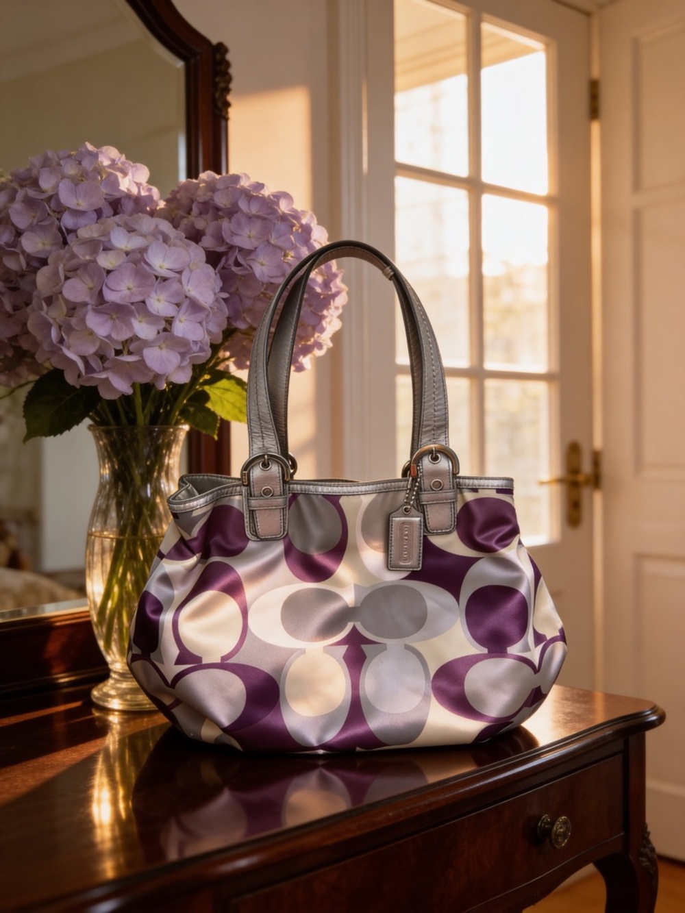 Coach Vintage F17407 Purple and Gray Y2K Signature Tote with Silver Trim